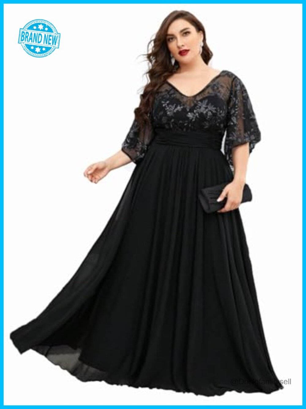 Plus Size V Neck Lace Sequin Chiffon Formal Evening Party Dress